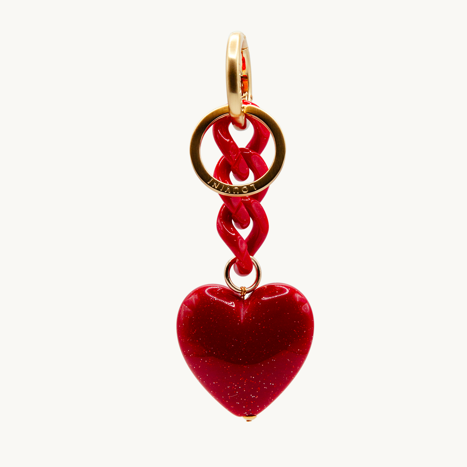 Porte-clés avec mousqueton doré, chaîne en résine rouge et pendentif cœur effet marbre