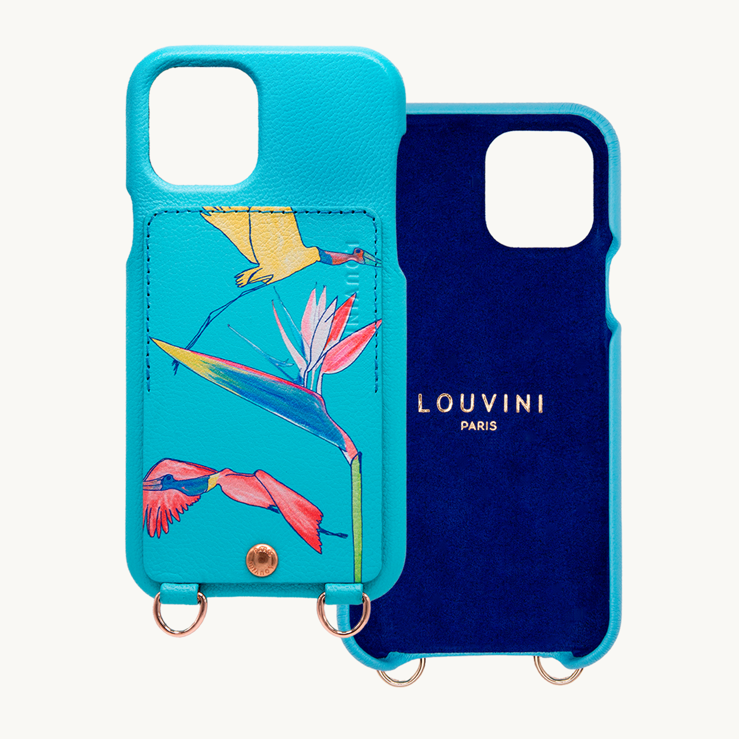 Leather iPhone case with wallet and loops LOU x FILIPE JARDIM - Turquoise