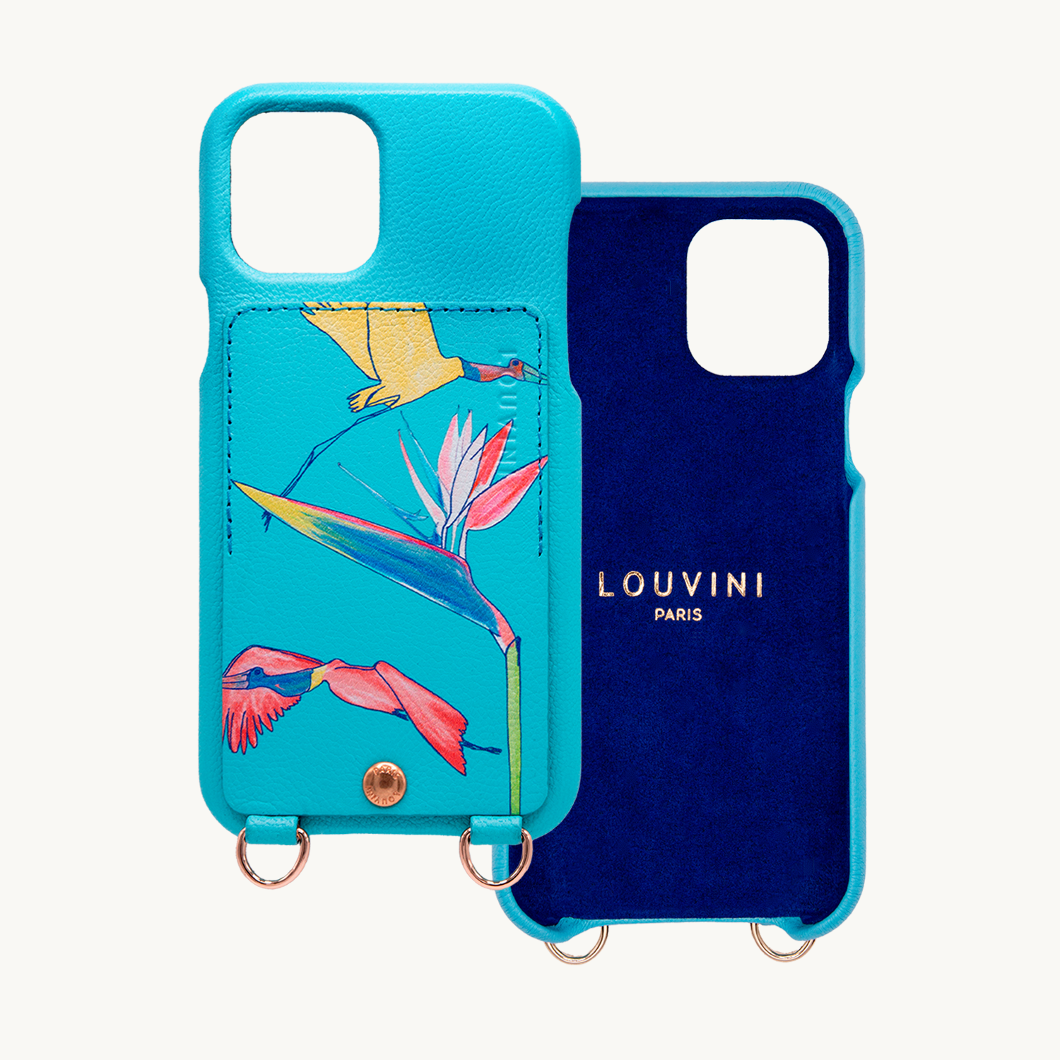 Leather iPhone case with wallet and loops LOU x FILIPE JARDIM - Turquoise