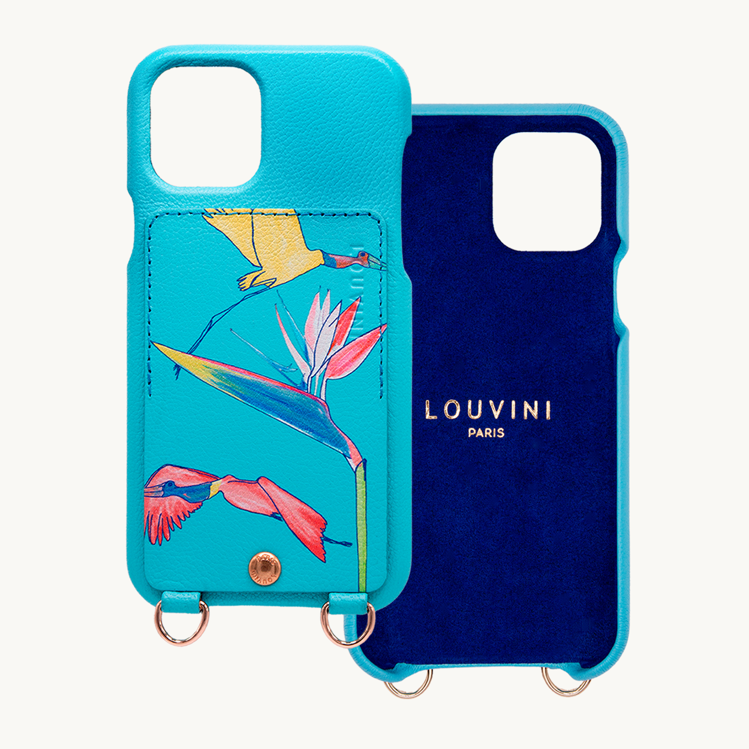Leather iPhone case with wallet and loops LOU x FILIPE JARDIM - Turquoise