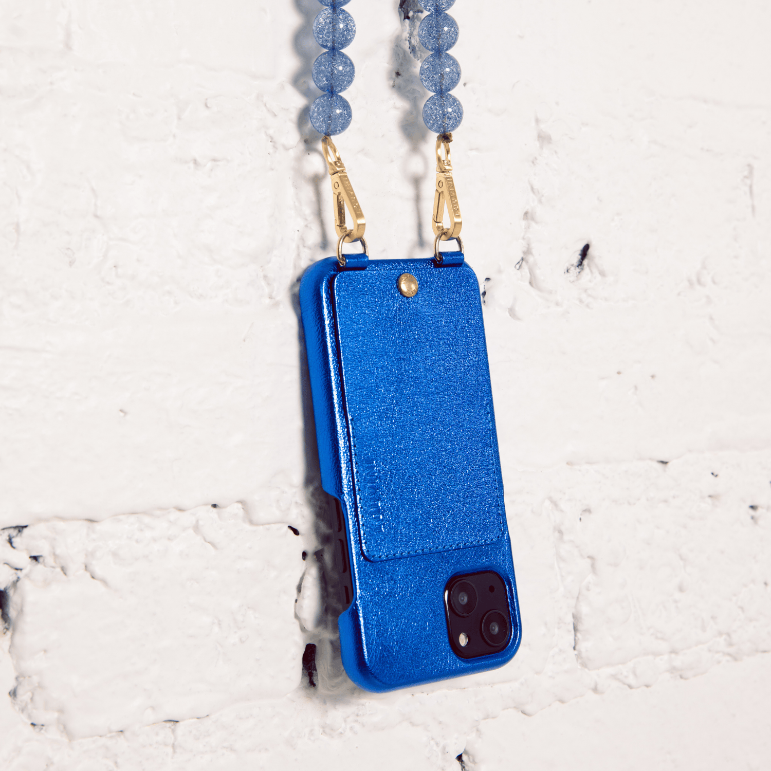 LEATHER IPHONE CASE WITH WALLET AND LOOPS LOU - METALLIC BLUE