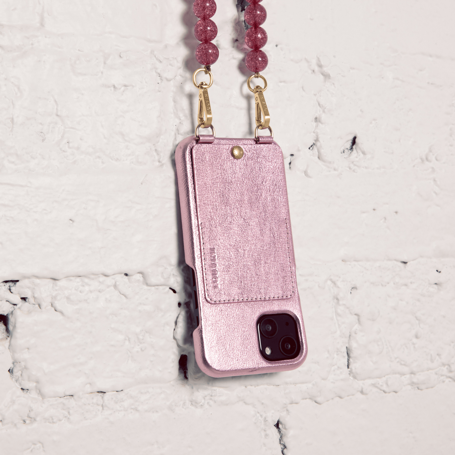 LEATHER IPHONE CASE WITH WALLET AND LOOPS LOU - METALLIC PINK