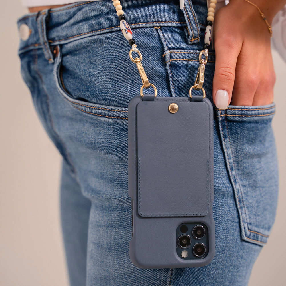 LEATHER IPHONE CASE WITH WALLET AND LOOPS LOU - BLUE 