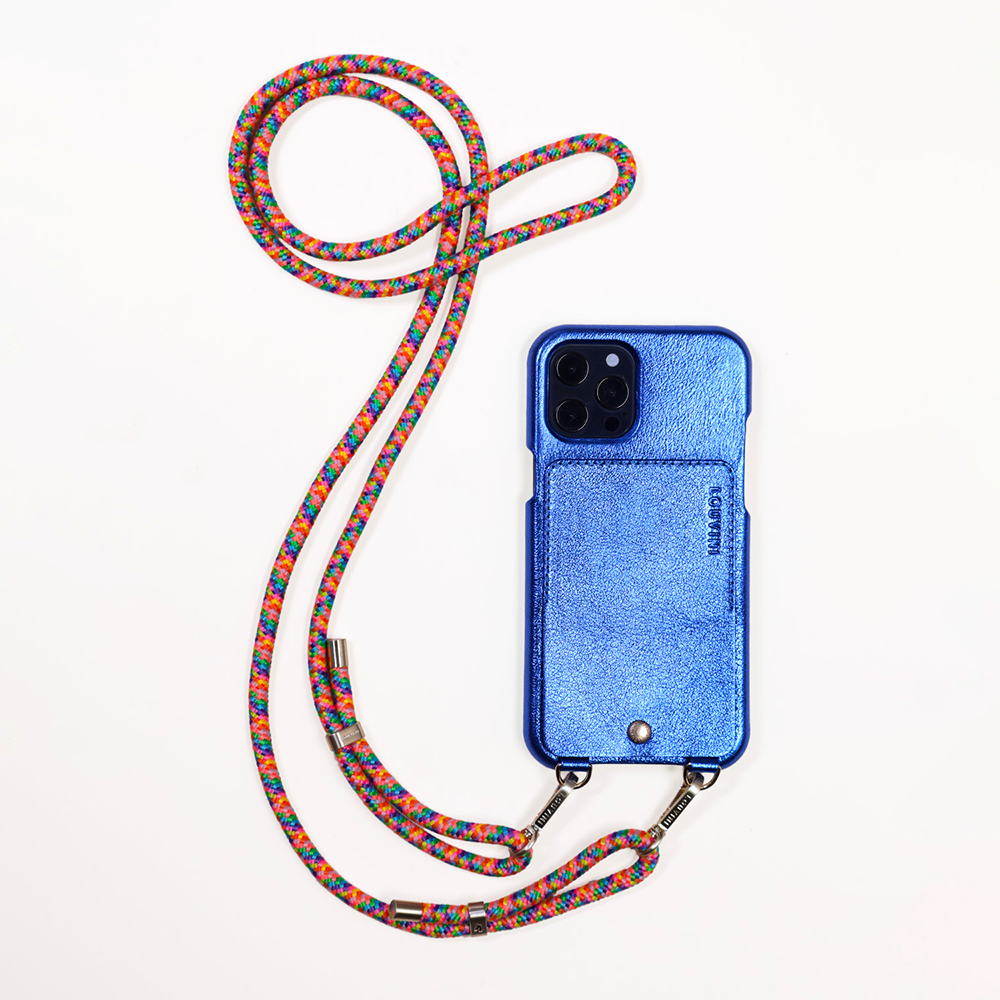 LEATHER IPHONE CASE WITH WALLET AND LOOPS LOU - METALLIC BLUE