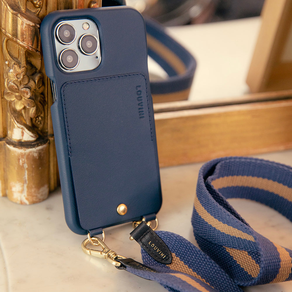 LEATHER IPHONE CASE WITH WALLET AND LOOPS LOU - NAVY