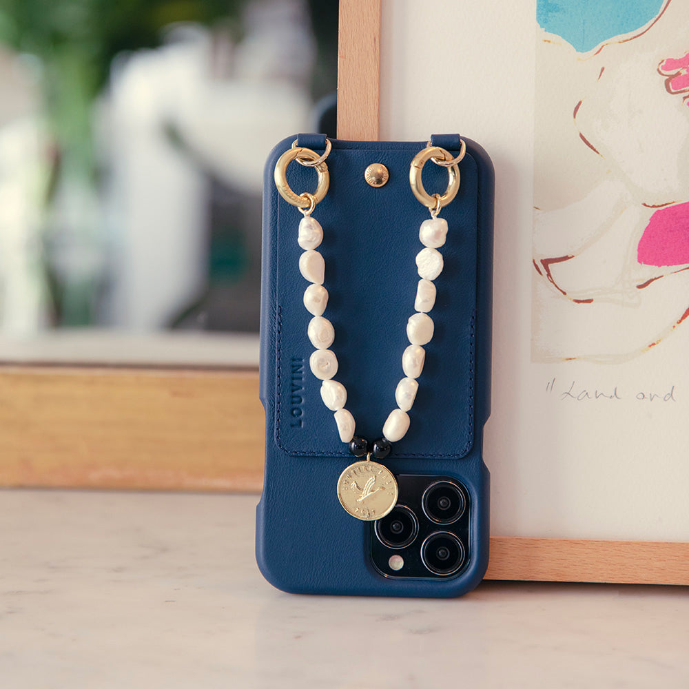 LEATHER IPHONE CASE WITH WALLET AND LOOPS LOU - NAVY