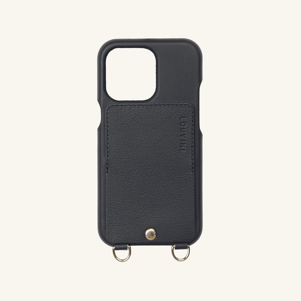 LEATHER IPHONE CASE WITH WALLET AND LOOPS LOU - BLACK (PERSONALISABLE)