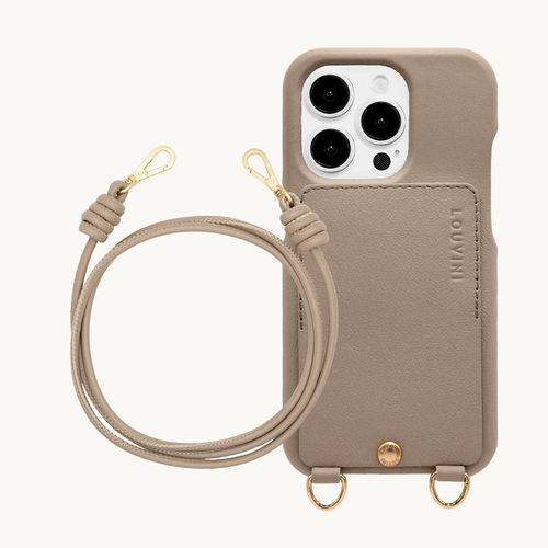 ensemble coque en cuir avec porte carte taupe et cordon bandoulière en cuir