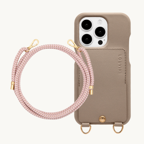 ensemble coque en cuir avec anneaux & porte carte taupe & cordon bandoulière rose taupe mousquetons dorés 