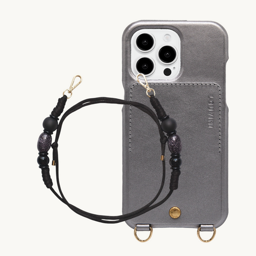 ensemble coque de téléphone avec étui cuir anthracite et cordon noir