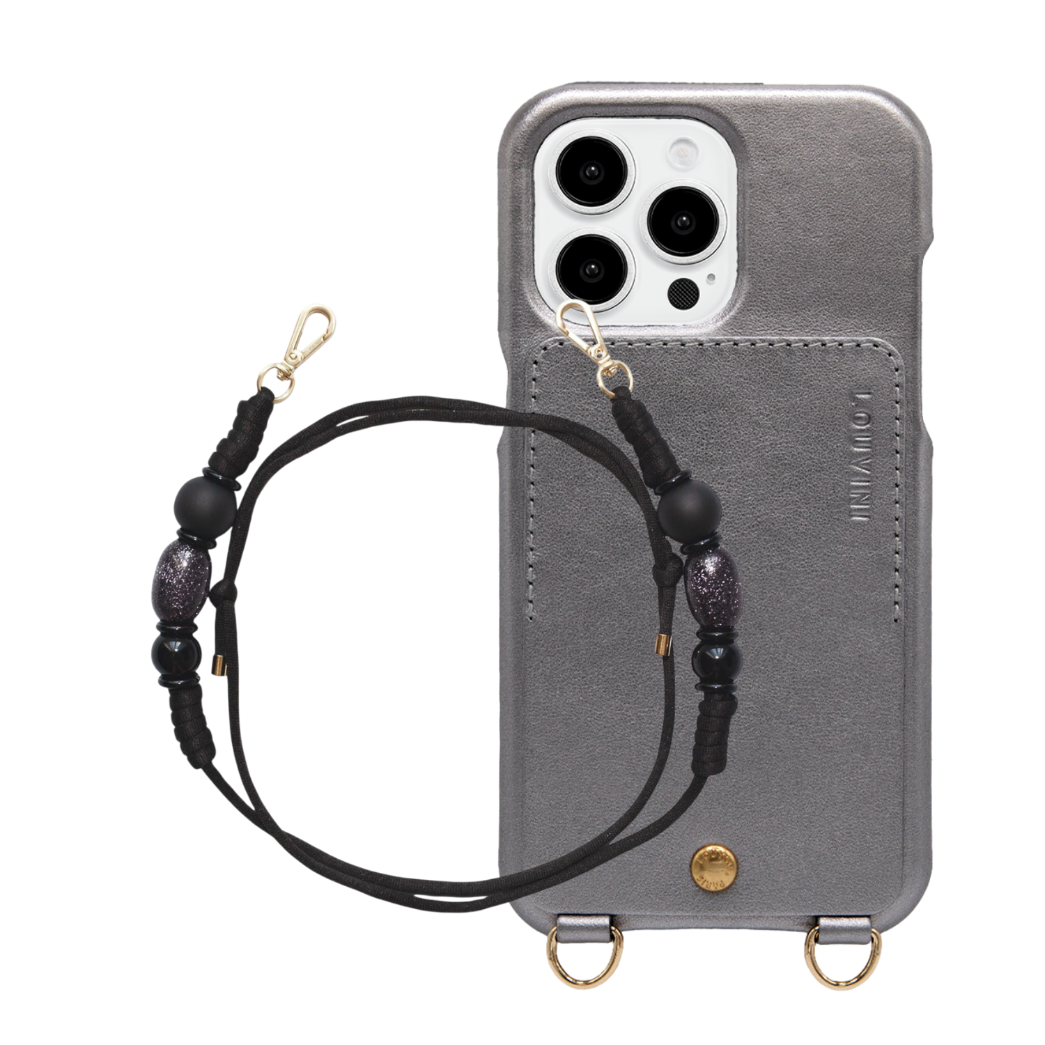 ensemble coque de téléphone ave étui en cuir anthracite et cordon noir