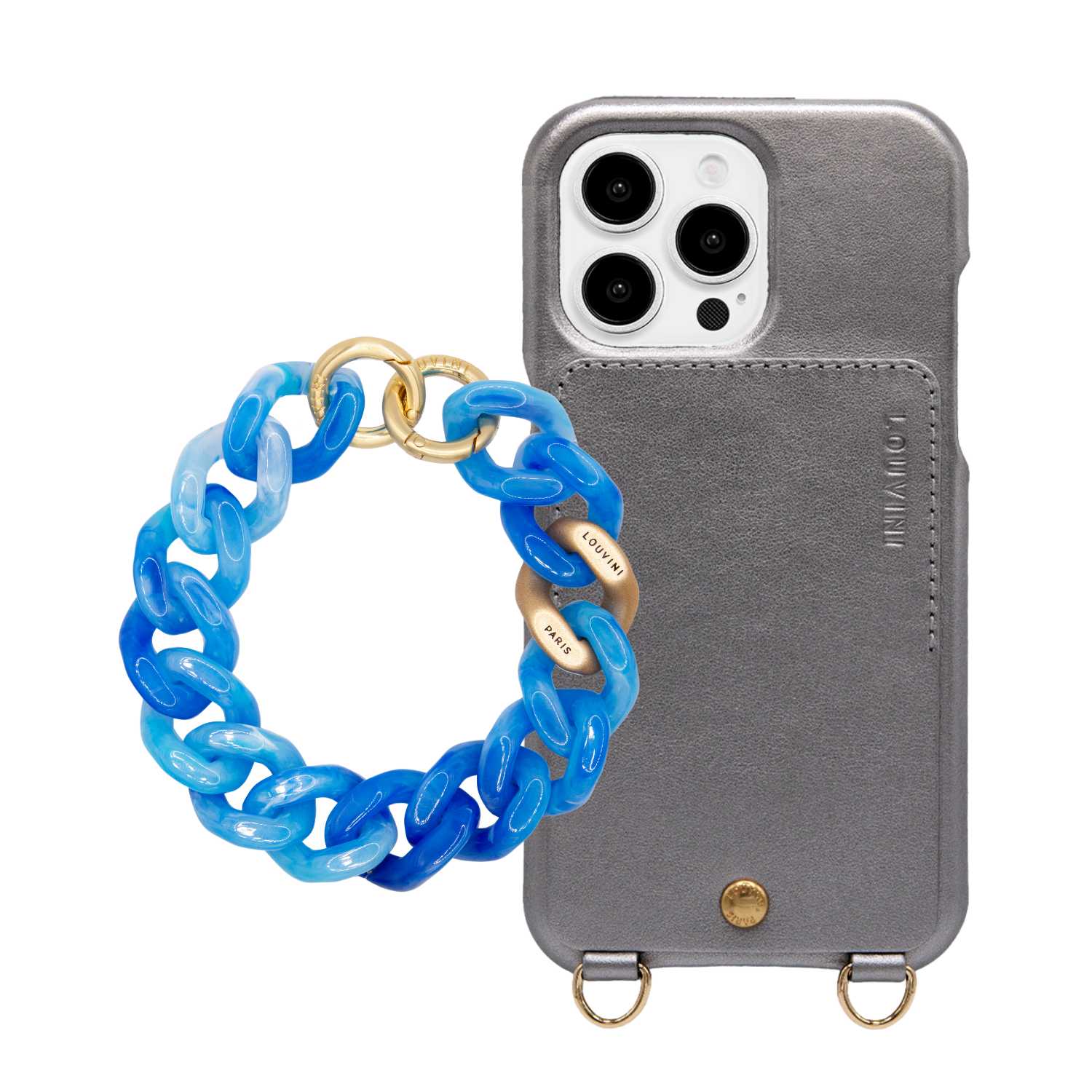 ensemble coque de téléphone anthracite avec bracelet bleu 