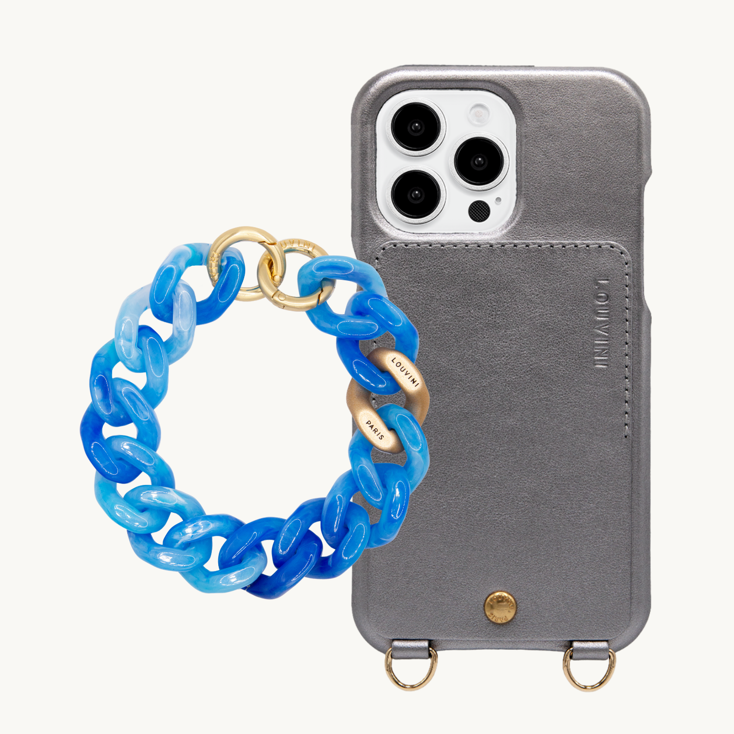 ensemble coque de téléphone anthracite avec bracelet bleu 
