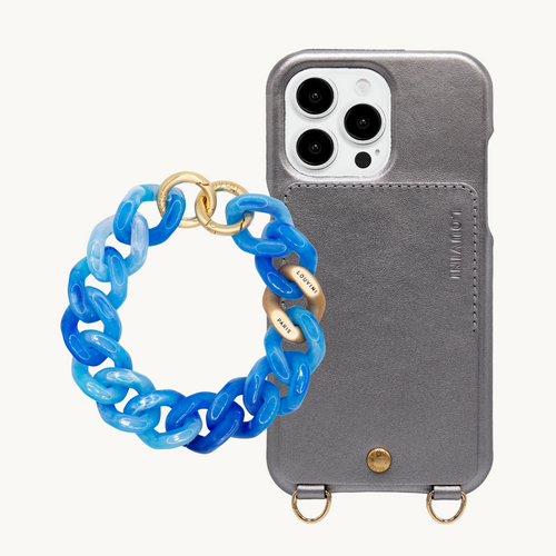 ensemble coque de téléphone anthracite avec bracelet bleu 