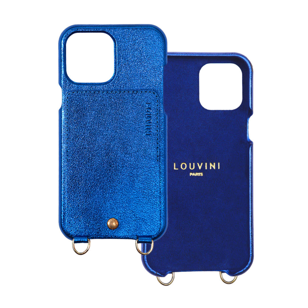 LEATHER IPHONE CASE WITH WALLET AND LOOPS LOU - METALLIC BLUE