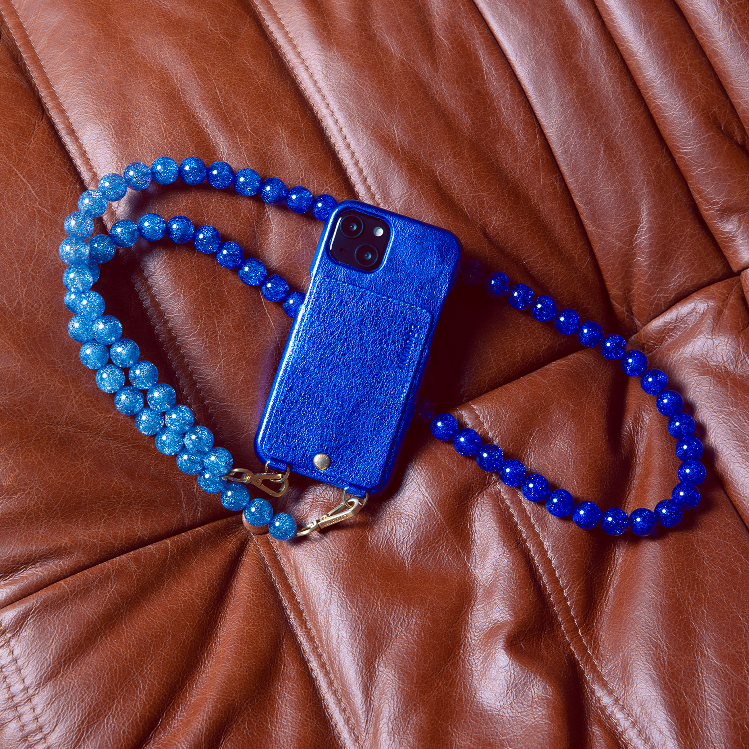 LEATHER IPHONE CASE WITH WALLET AND LOOPS LOU - METALLIC BLUE