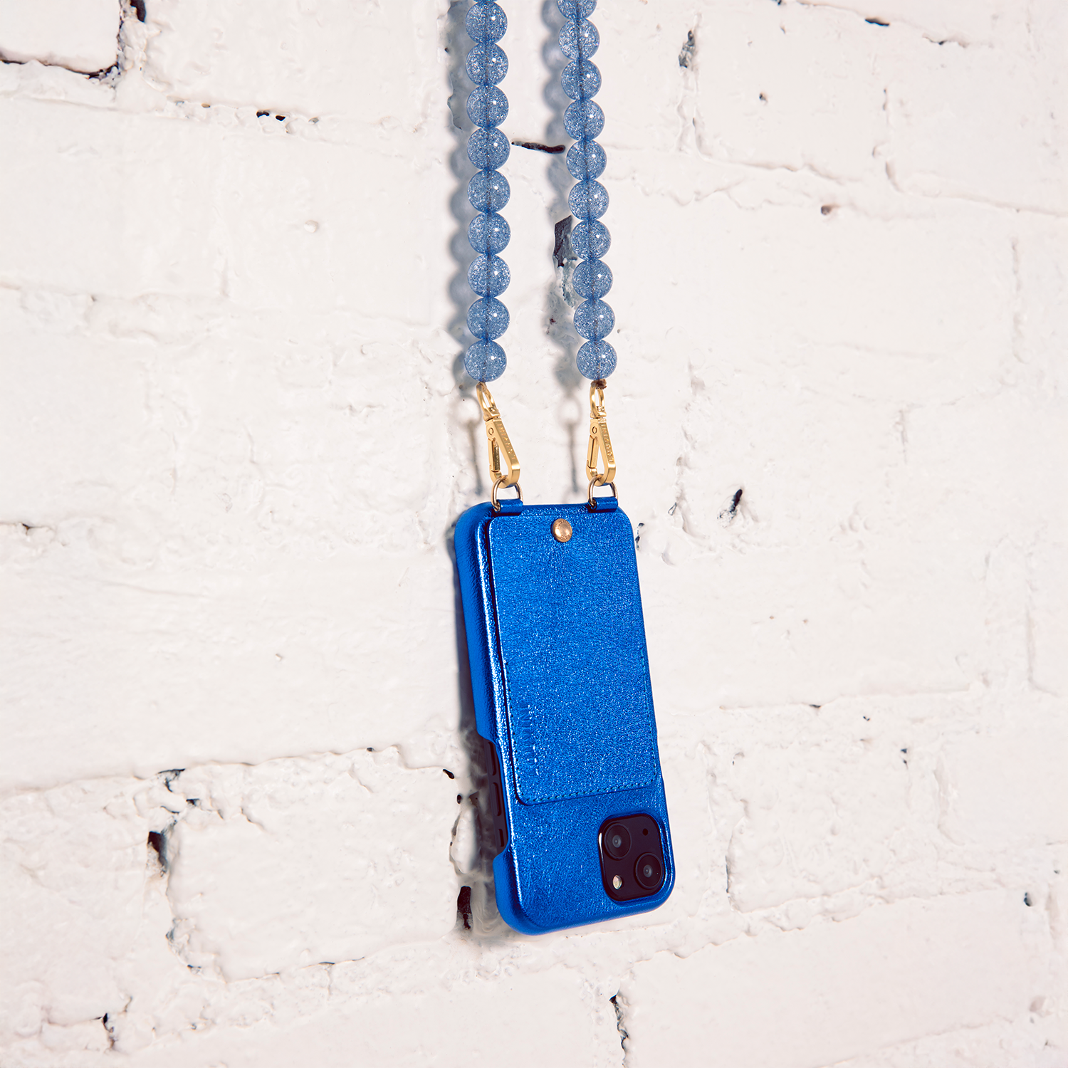 LEATHER IPHONE CASE WITH WALLET AND LOOPS LOU - METALLIC BLUE