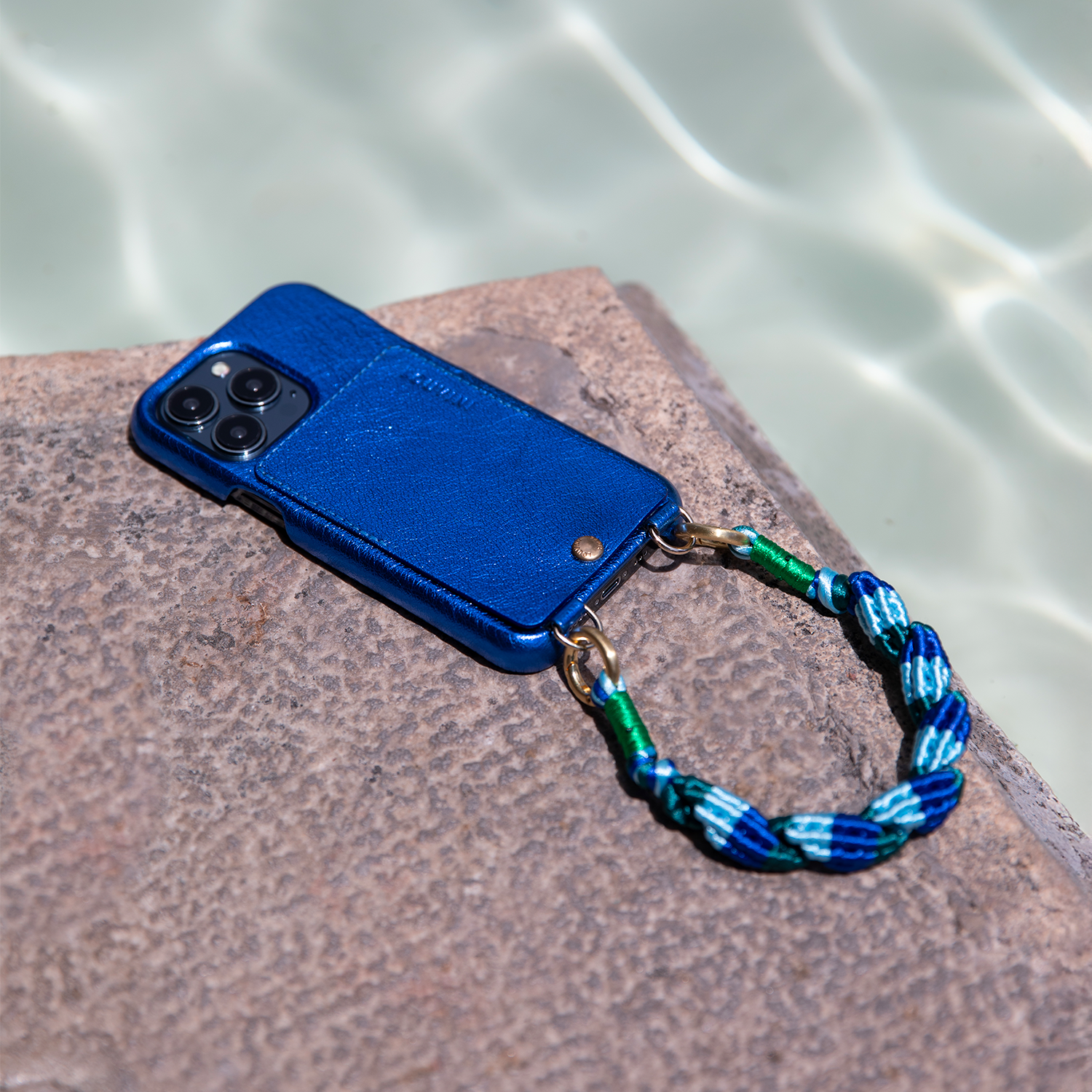 LEATHER IPHONE CASE WITH WALLET AND LOOPS LOU - METALLIC BLUE