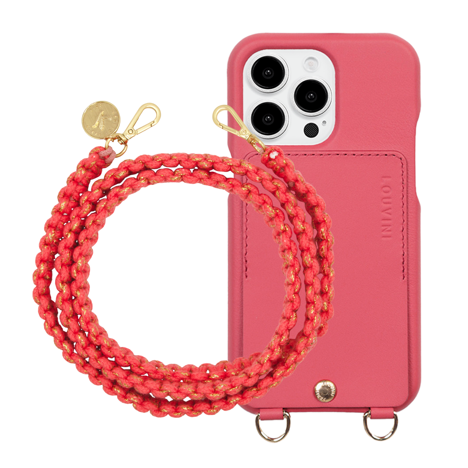 ensemble coque de téléphone avec étui en cuir rose et cordon rose 