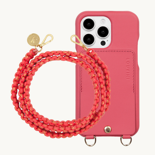 ensemble coque de téléphone avec étui en cuir rose et cordon rose 