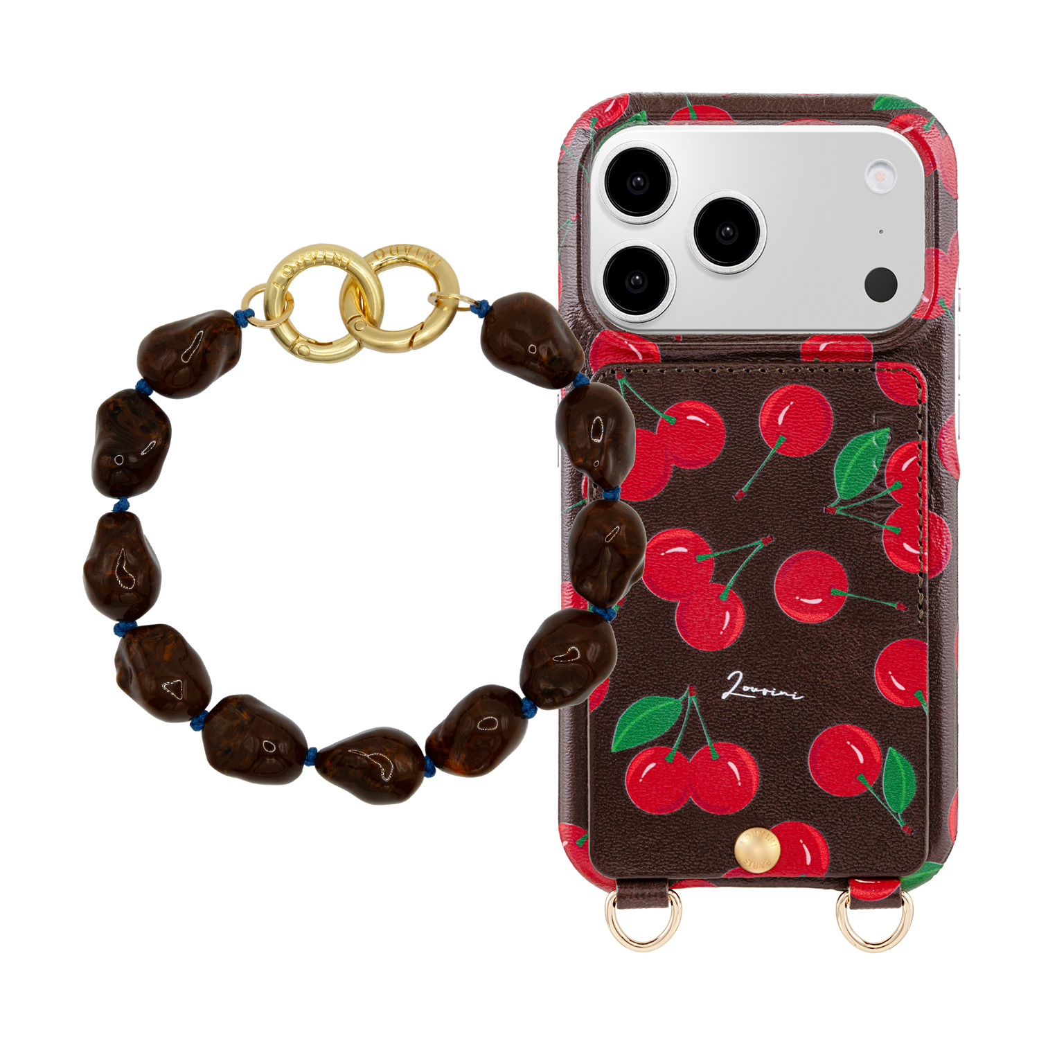 iPhone Leather Case LOU Cherry & PETIT ROMY Dark Brown Bracelet 