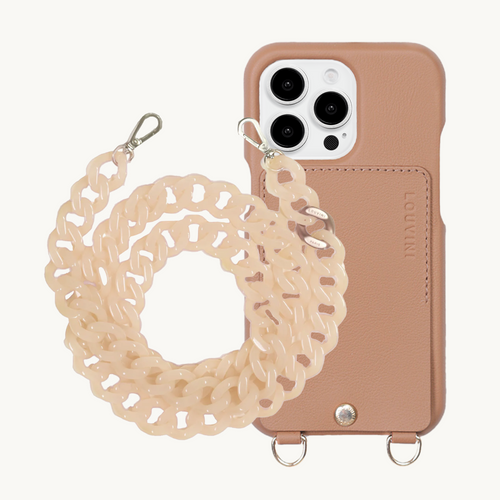 ensemble coque de téléphone avec étui en cuir camel et chaîne dolce