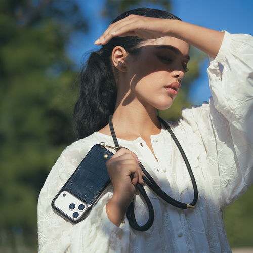 Leather iPhone Case with wallet and loops LOU - Black Crocodile