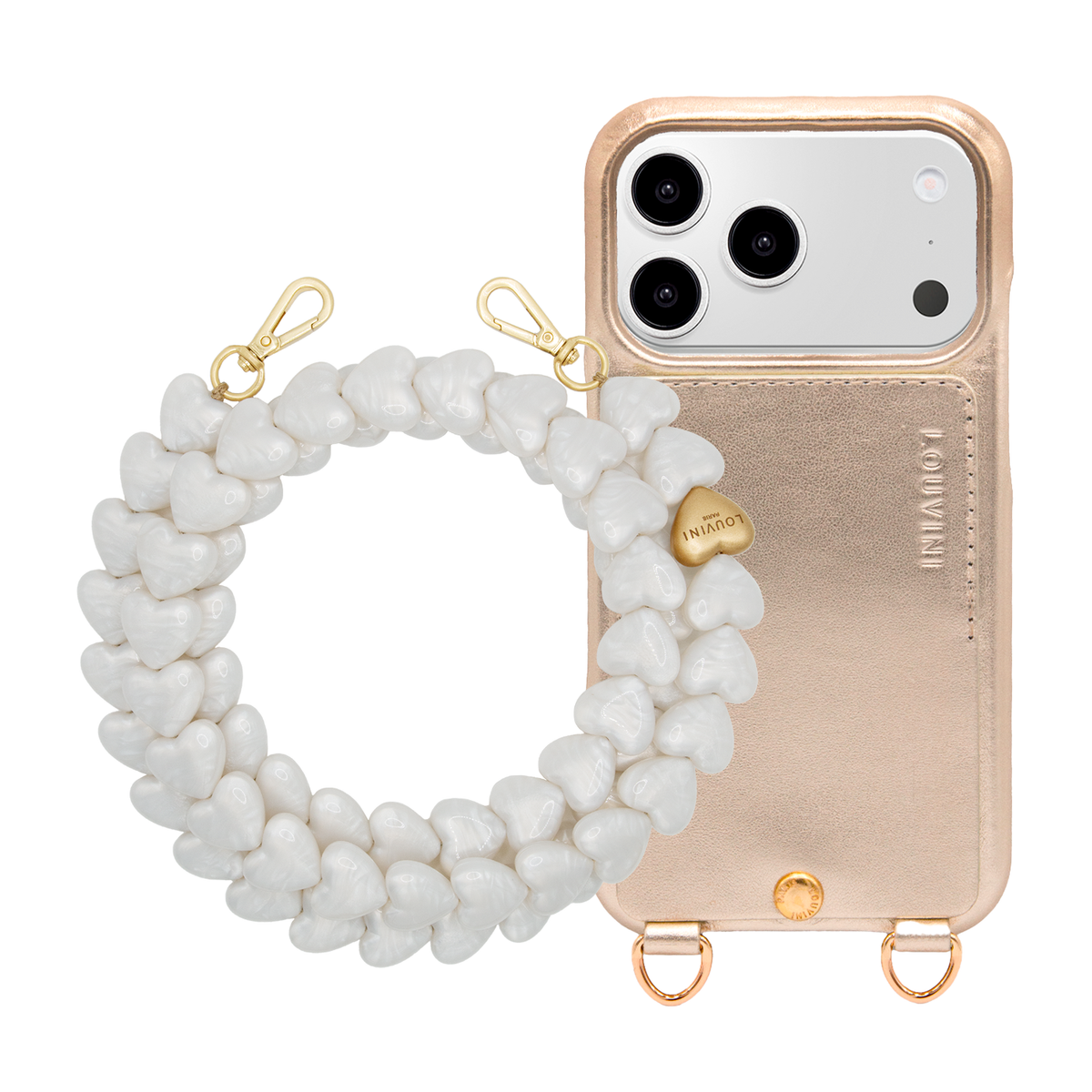 LOU Metallic Gold iPhone Case & Chain CUORE Pearl White