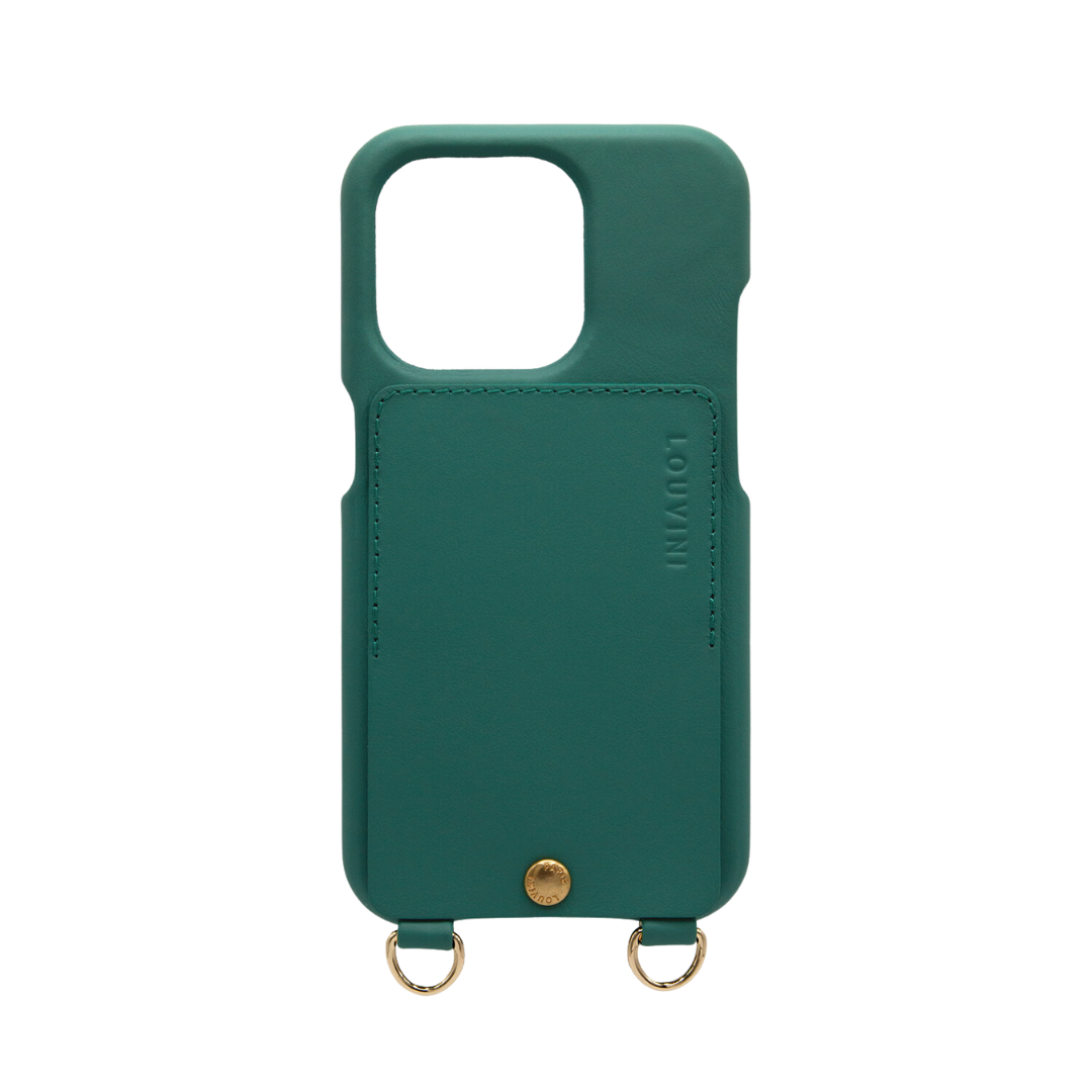 Coque iPhone cuir vert émeraude avec porte carte et anneaux