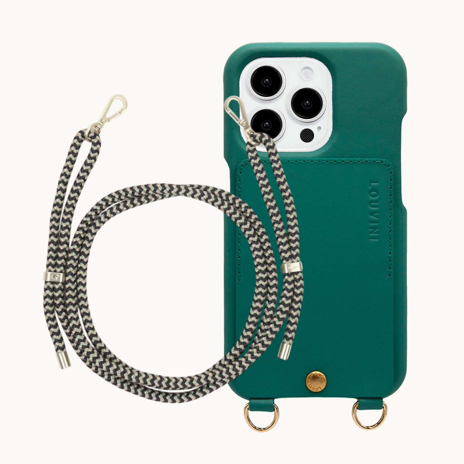 ensemble coque de téléphone avec étui en cuir émeraude et cordon noir vert