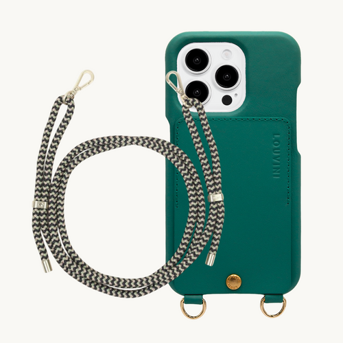 ensemble coque de téléphone avec étui en cuir émeraude et cordon noir vert