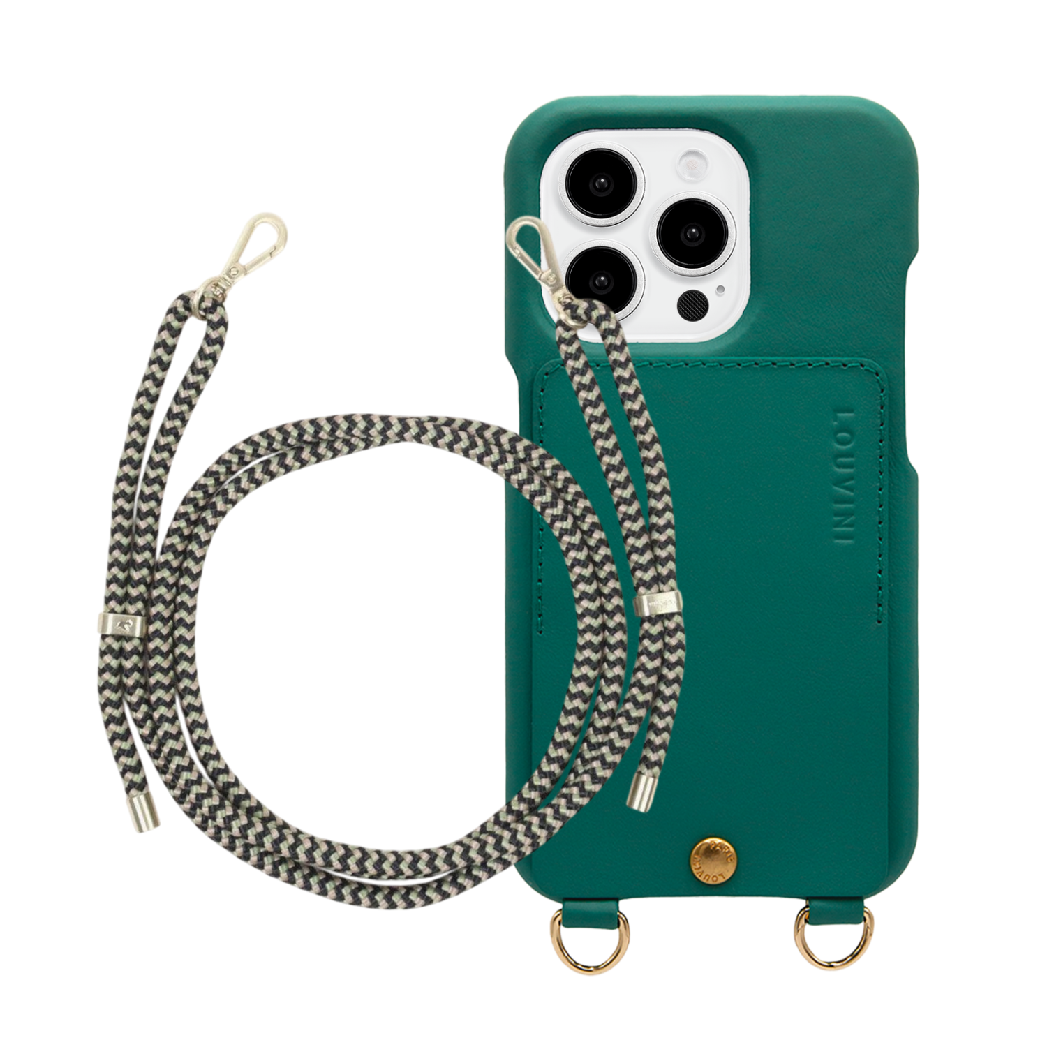ensemble coque de téléphone avec étui en cuir émeraude et cordon noir vert