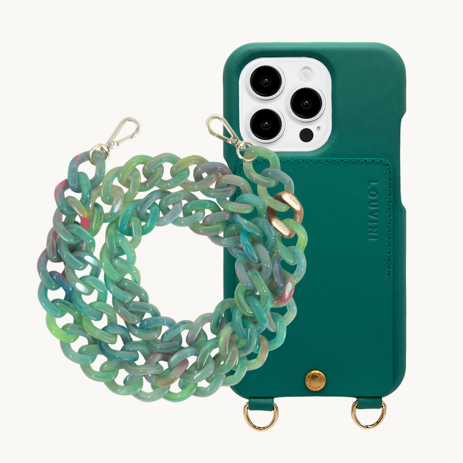 ensemble coque de téléphone avec étui en cuir émeraude et chaîne verte  