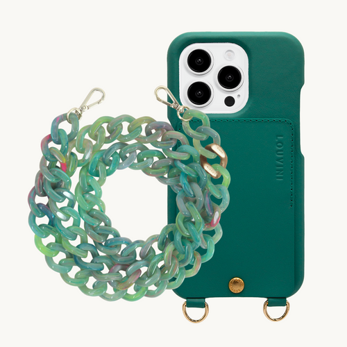ensemble coque de téléphone avec étui en cuir émeraude et chaîne verte  