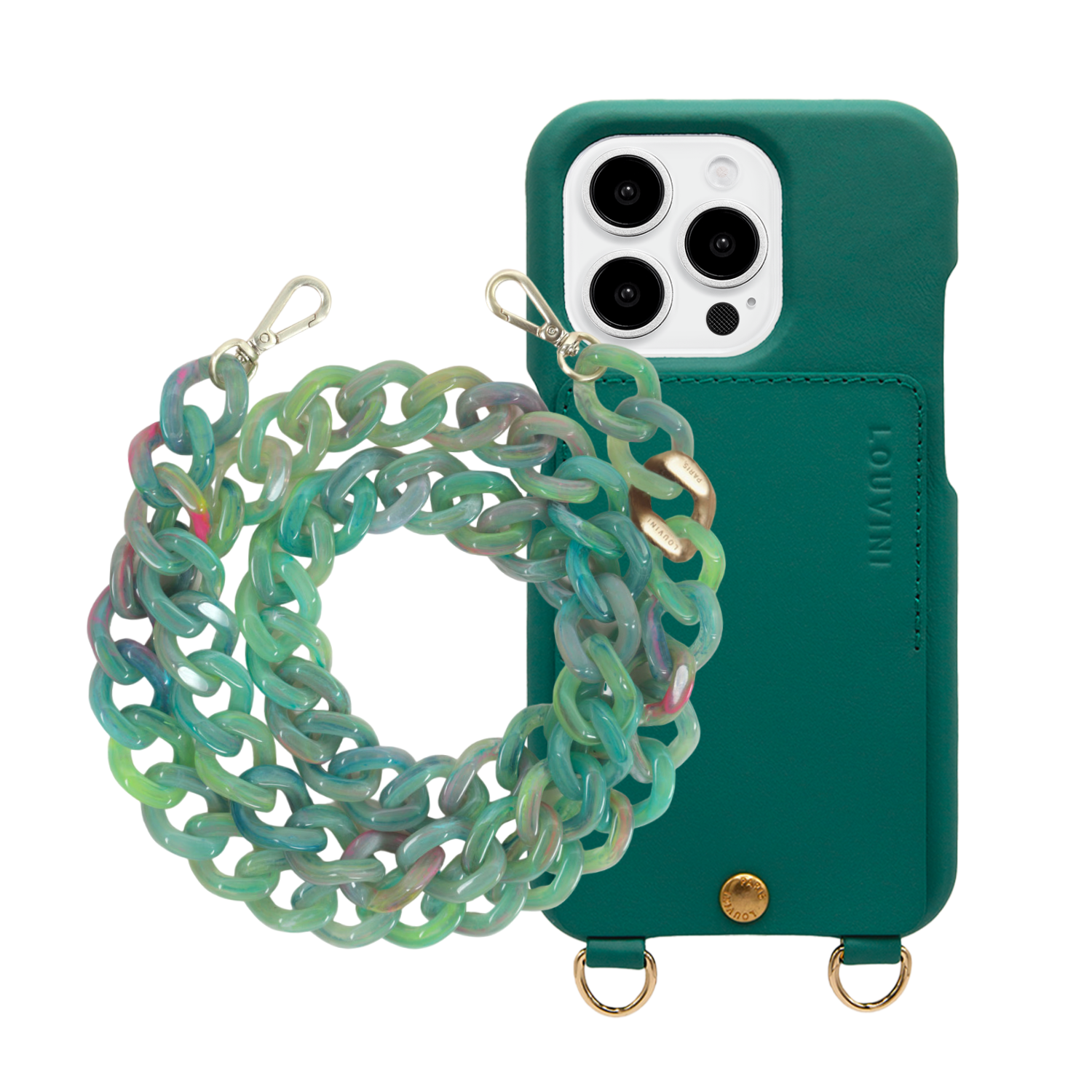 ensemble coque de téléphone avec étui en cuir émeraude et chaîne verte  