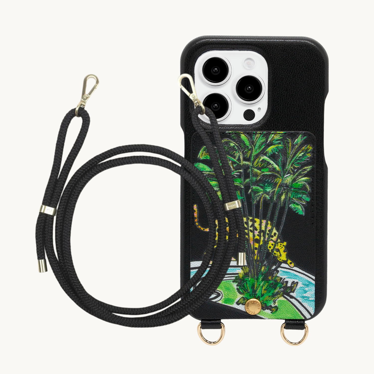 ensemble coque de téléphone avec étui en cuir noir et cordon noir 