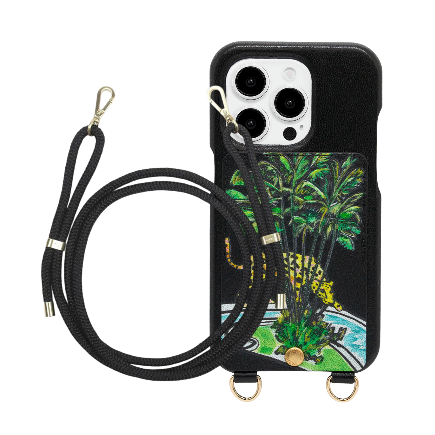 ensemble coque de téléphone avec étui en cuir noir et cordon noir 
