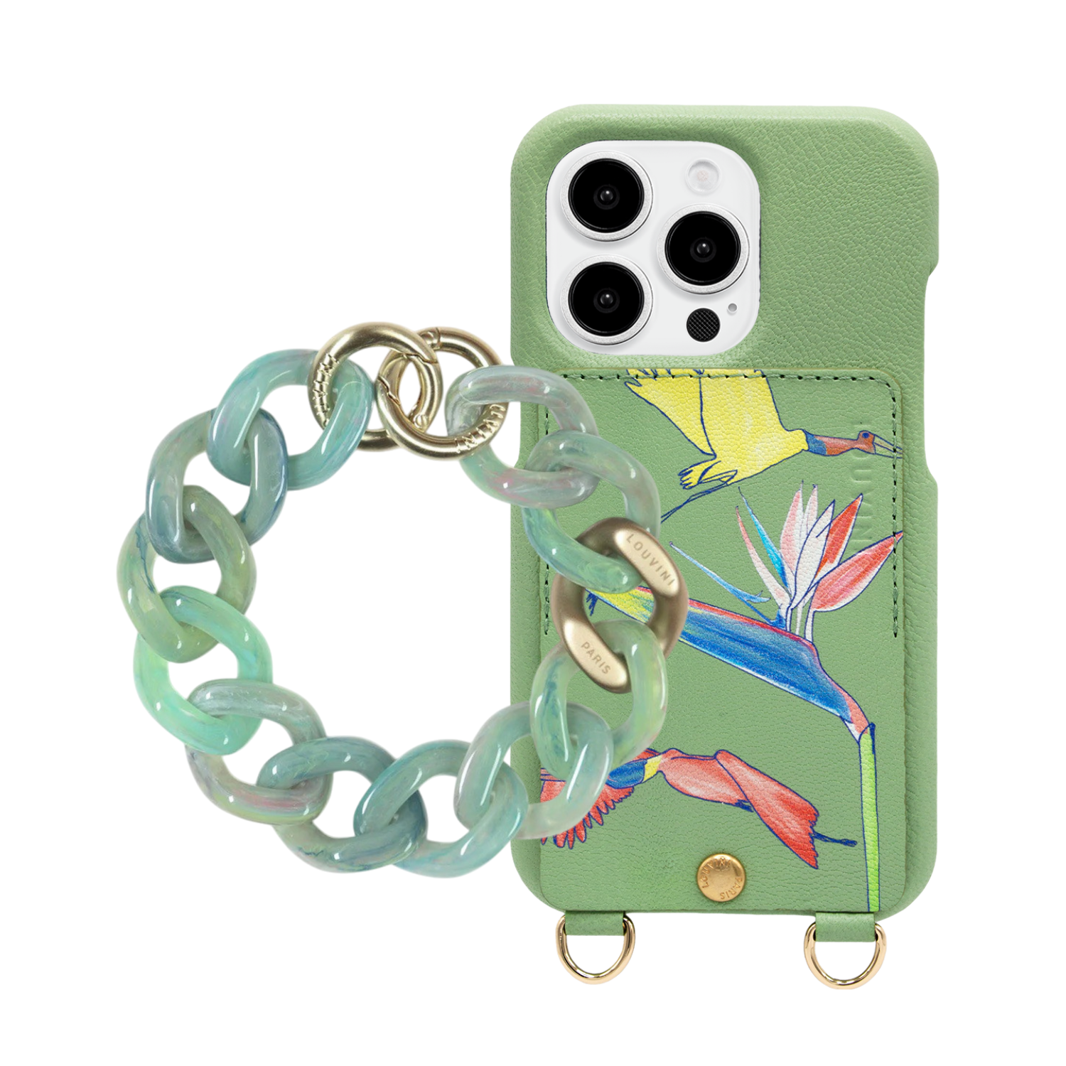ensemble coque de téléphone avec étui en cuir vert et bracelet vert
