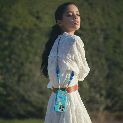 Leather iPhone case with wallet and loops LOU x FILIPE JARDIM - Turquoise
