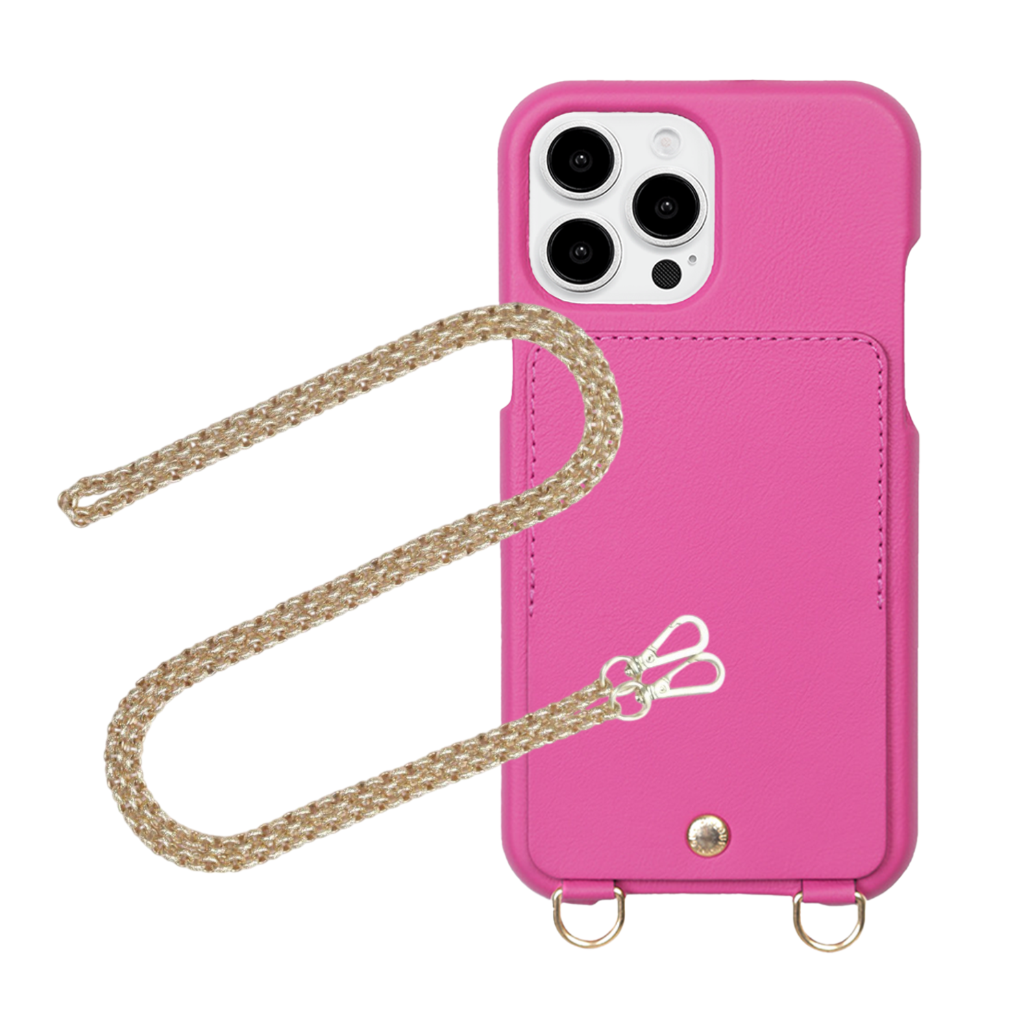 ensemble coque de téléphone avec étui en cuir fuchsia et chaîne 