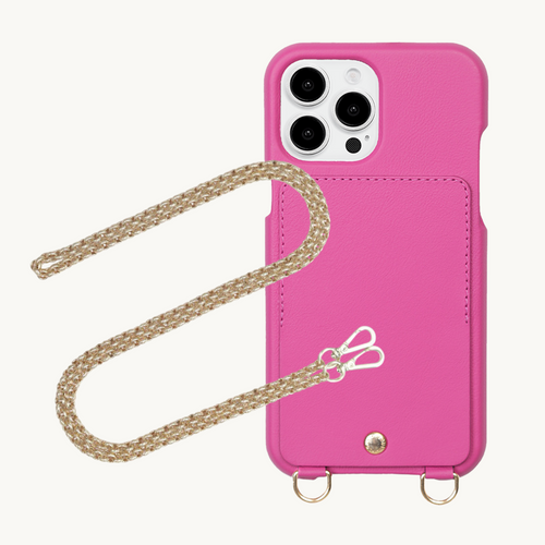 ensemble coque de téléphone avec étui en cuir fuchsia et chaîne 