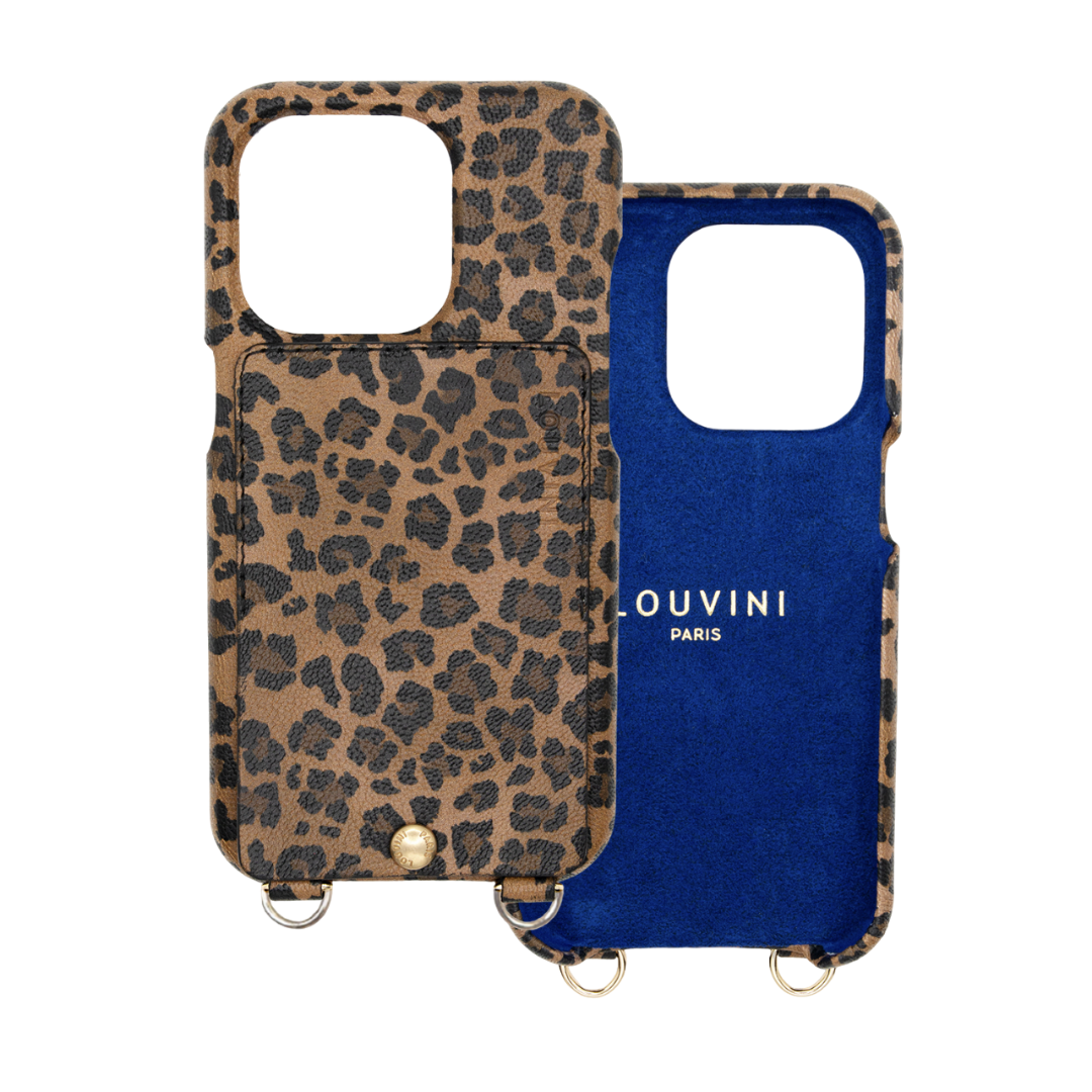 LEATHER IPHONE CASE WITH WALLET AND LOOPS LOU - LEOPARD (PERSONALISABLE)