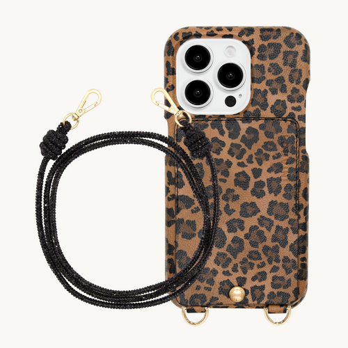 ensemble coque en cuir étui léopard avec cordon noir 