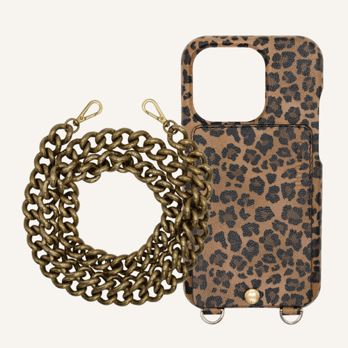 ENSEMBLE COQUE IPHONE CUIR PORTE CARTE AVEC ANNEAUX LOU LÉOPARD 