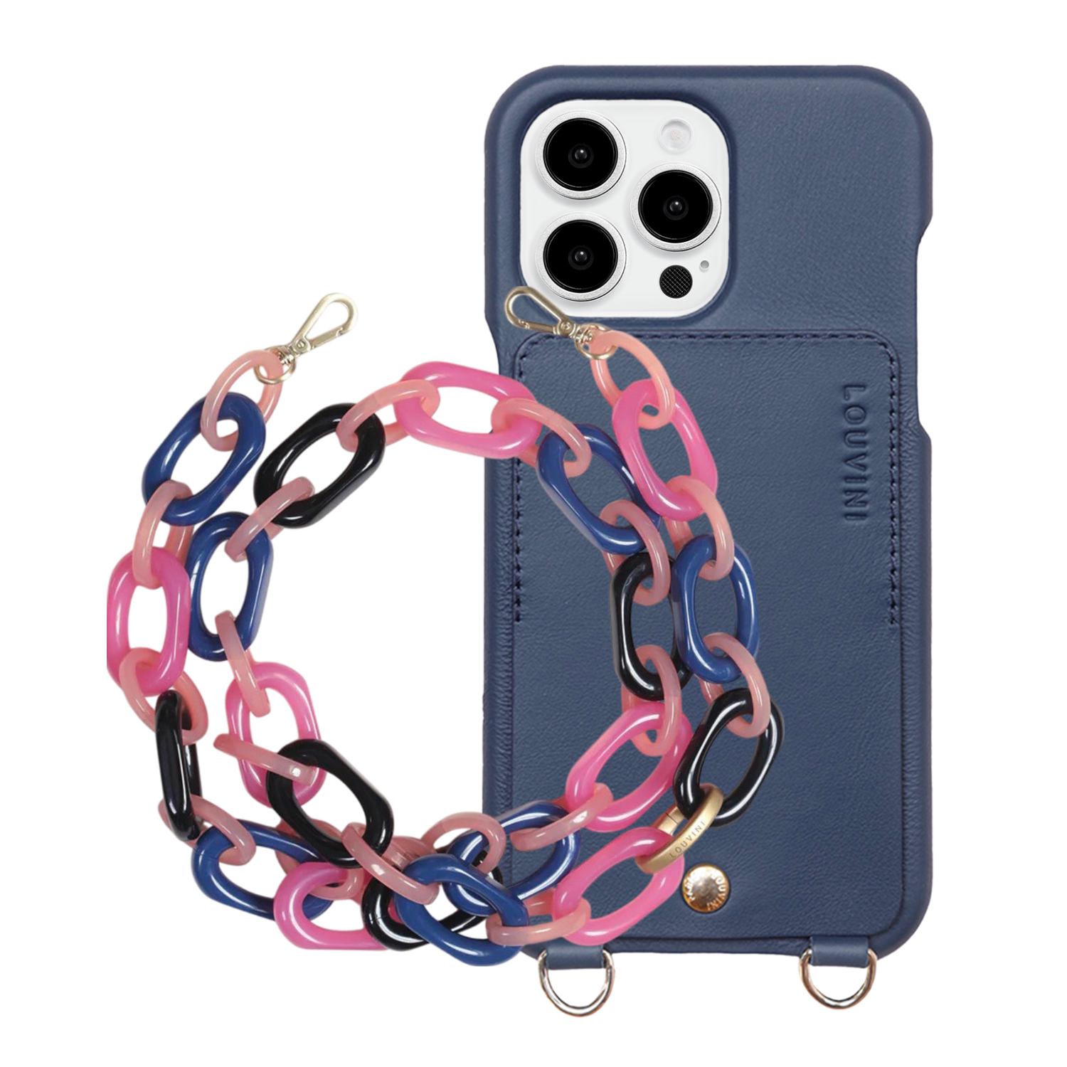 ensemble coque de téléphone avec étui marine et chaîne marine et rose 