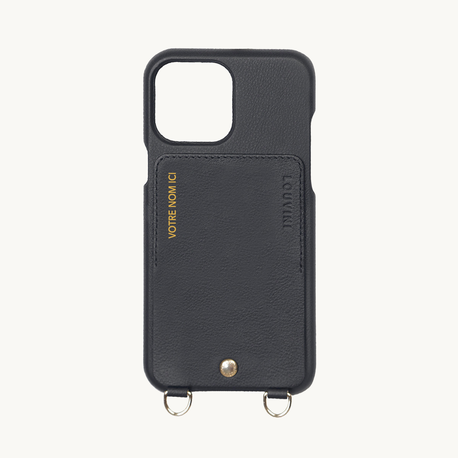 Coque iPhone cuir porte carte avec anneaux LOU noir personnalisable