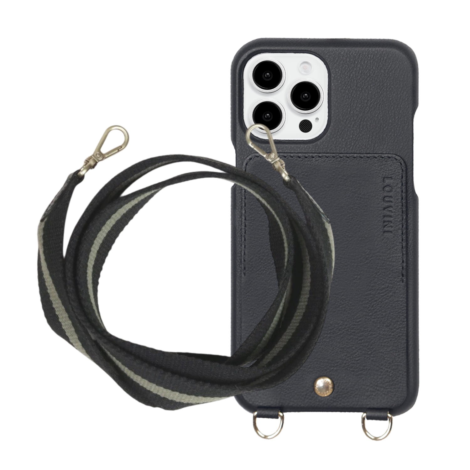 ensemble coque de téléphone avec étui en cuir noir et sangle noire kaki 