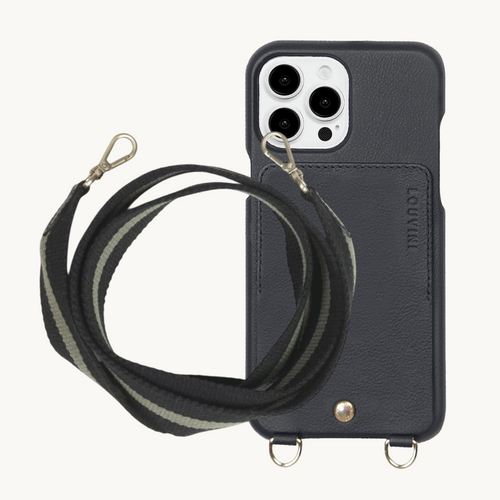 ensemble coque de téléphone avec étui en cuir noir et sangle noire kaki 