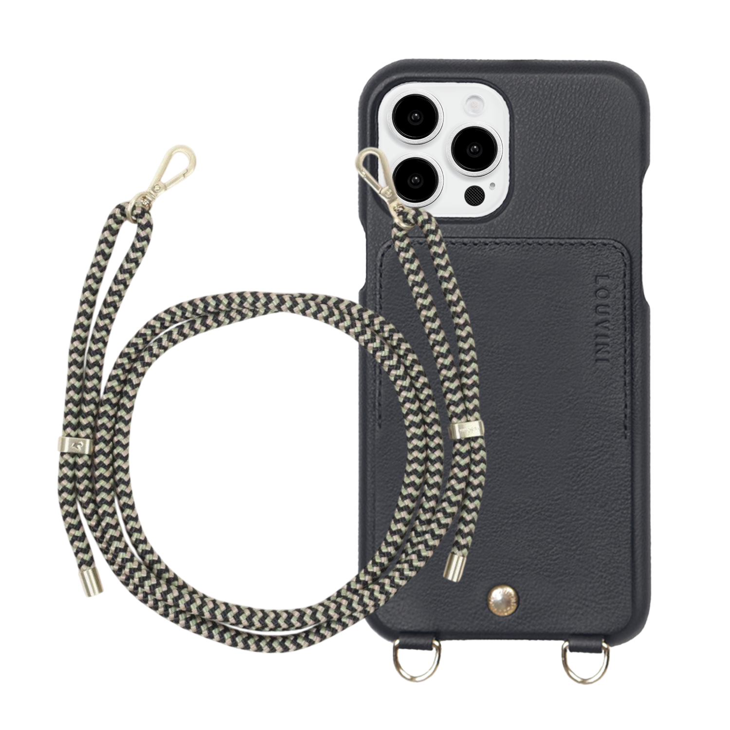 ensemble coque de téléphone avec étui en cuir noir et cordon noir vert 