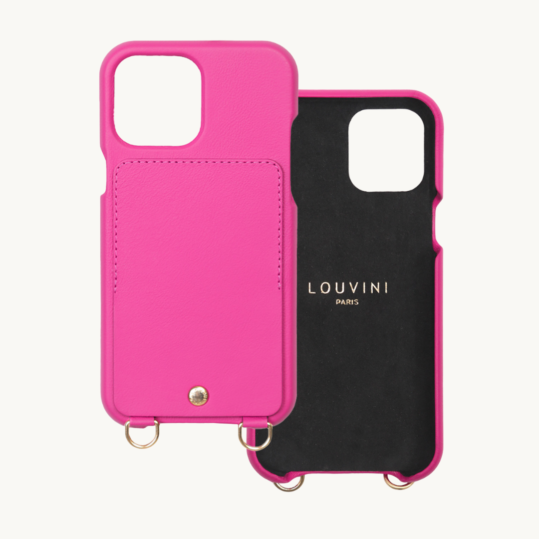 COQUE IPHONE CUIR PORTE CARTE AVEC ANNEAUX LOU ROSE FUCHSIA double